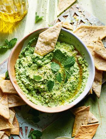 Minty broad bean and pea dip with olive oil crackers