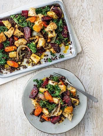Winter roots panzanella traybake