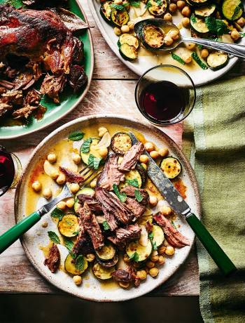 Slow-cooked lamb shoulder with vermouth-braised courgettes