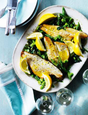 Sea bass with asparagus, broad beans and spinach
