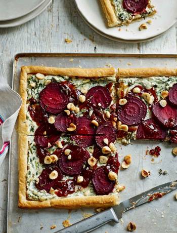 Beetroot, goats’ cheese and hazelnut tart