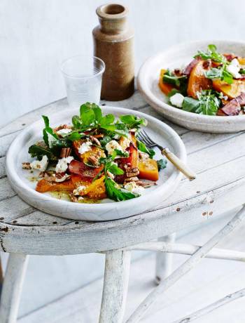 Maple roasted squash with bacon, feta and pecans 