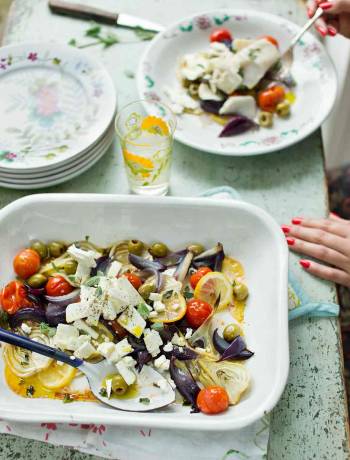 Roasted onions and fennel with feta and olives