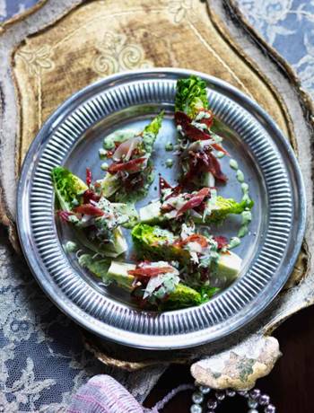 Lettuce wedge and candied bacon salad with green goddess dressing