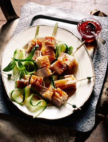 Crispy pork belly skewers with chilli garlic caramel dipping sauce