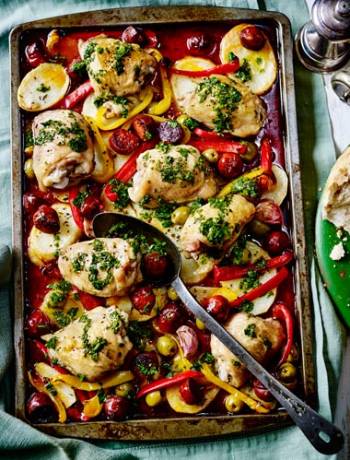 Chicken, chorizo, peppers and potato one-pot roast