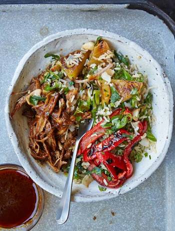 Pineapple and cashew rice salad with hula pork and roast peppers
