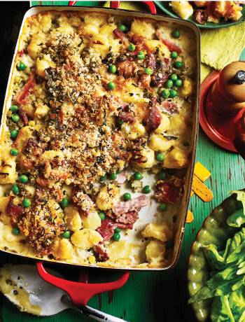 Gnocchi, ham and pea gratin
