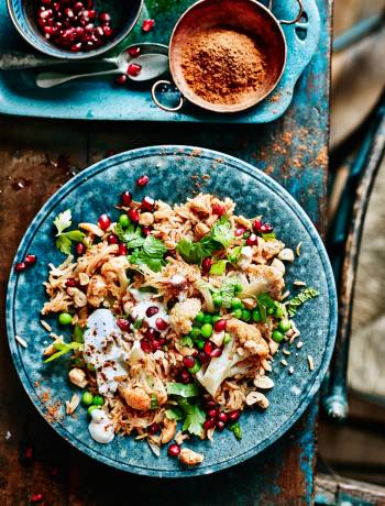 Spiced cauliflower, pea and cashew pilaf