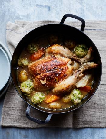 Slow-cooked chook with pea and parsley dumplings