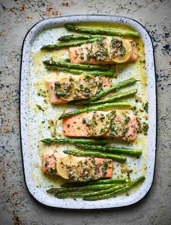 Salmon traybake with lemon butter and asparagus  