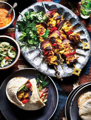 Turmeric and saffron chicken pitta with blackened chilli sauce 