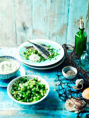Sardines with cucumber salsa verde salad and garlic mayonnaise