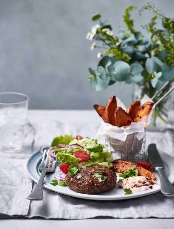 Spicy lamb patties and sweet potato wedges 