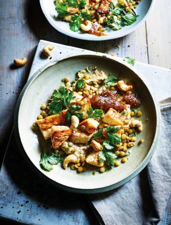 Celeriac, cashews and lentils with date chutney