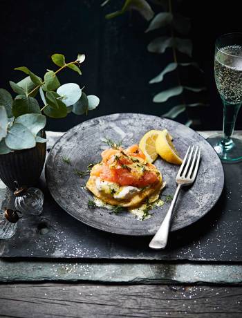 Smoked salmon pancakes, horseradish crème fraîche and dill dressing