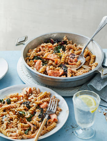 One-pan salmon pasta with white beans and chard