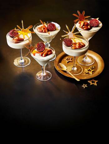 White Christmas mousse with sticky toffee nuts and figs