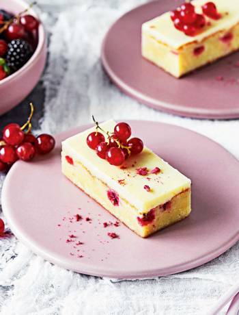 Redcurrant and white chocolate blondies
