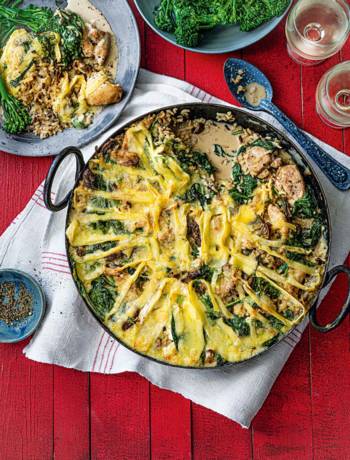 Chicken and wild rice bake with truffled brie crust