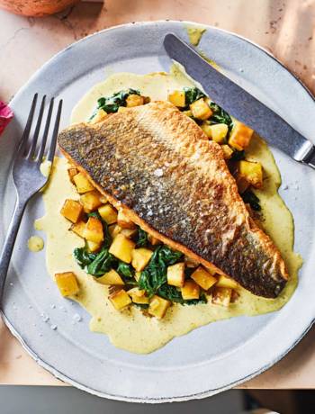 Sea bass with spiced potato and curry sauce
