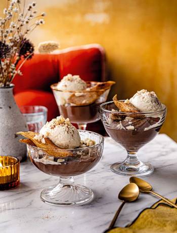 Chocolate delice with roasted pears and macadamia nuts