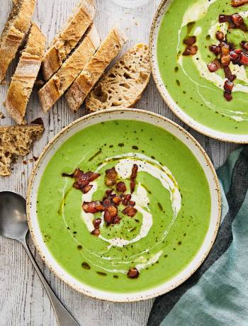 Marrowfat pea soup with crispy bacon and horseradish cream