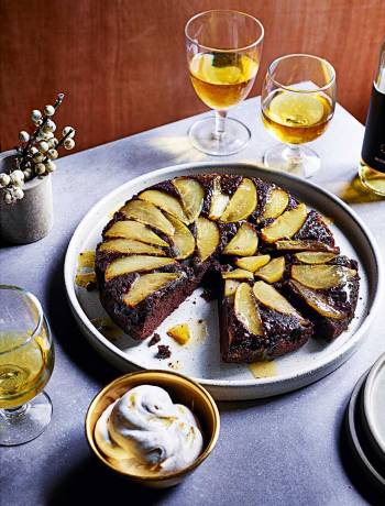 Chocolate and pear upside-down cake