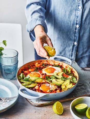 Smoky beans and greens baked eggs