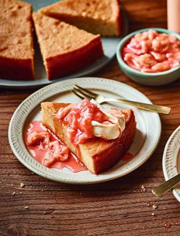 Orange semolina cake with rhubarb compote