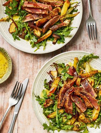 Balsamic tuna steaks with warm roast potato and mushroom salad