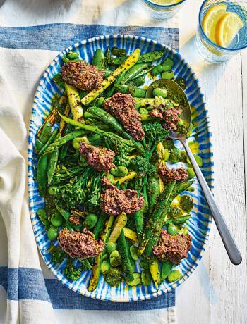 Basil-dressed spring vegetables with almond tapenade