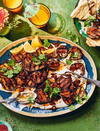 Shawarma-spiced aubergines with yogurt and hot date butter
