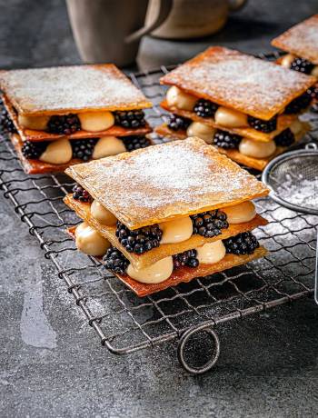 Blackberry and sage filo stacks