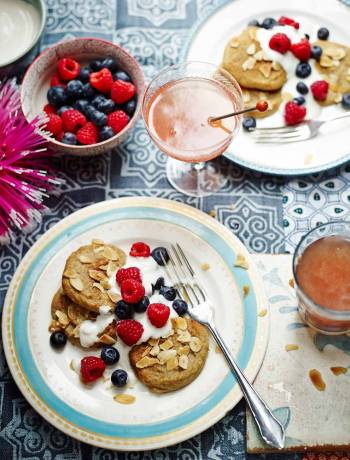 Almond banana pancakes with vanilla yogurt and berries  