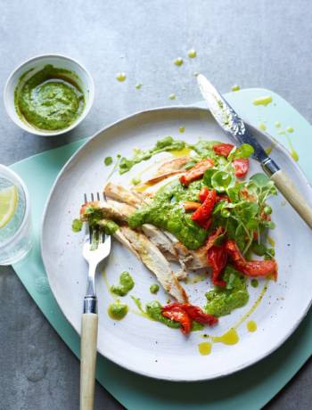 Bashed chicken with walnut and watercress pesto
