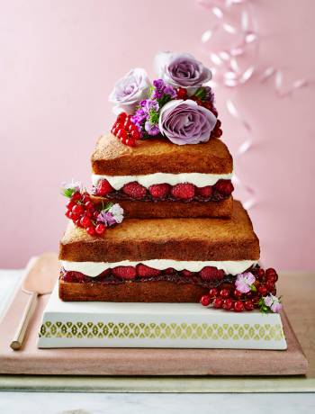 Naked citrus, raspberry and coconut celebration cake