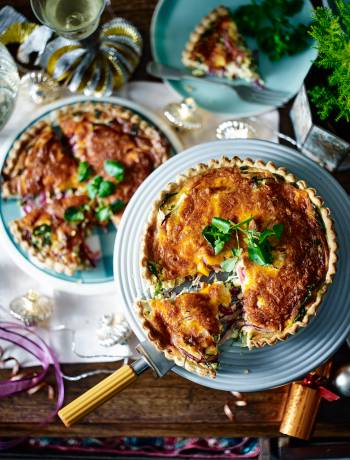 Red Leicester, pickled onion and watercress quiche