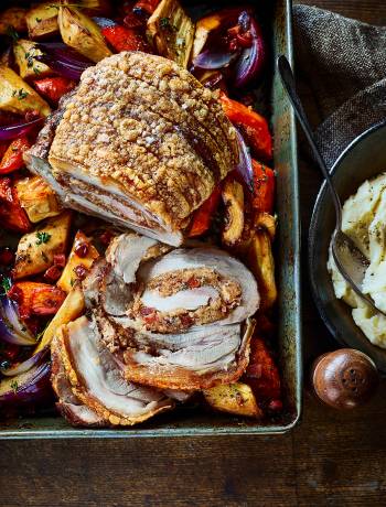 Chorizo-stuffed pork with roasted roots