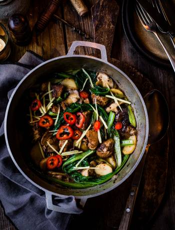 5-spice pork with water chestnuts and greens