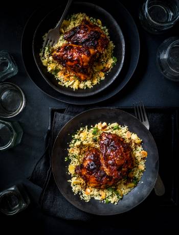 Sticky harissa and marmalade-baked chicken