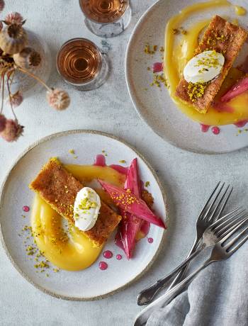 Pistachio polenta cake with poached rhubarb and lemon curd