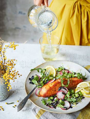 Salmon with broad bean and seaweed salad