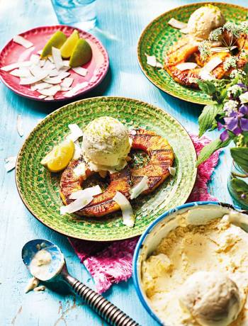 Caramelised pineapple with Malibu ice cream