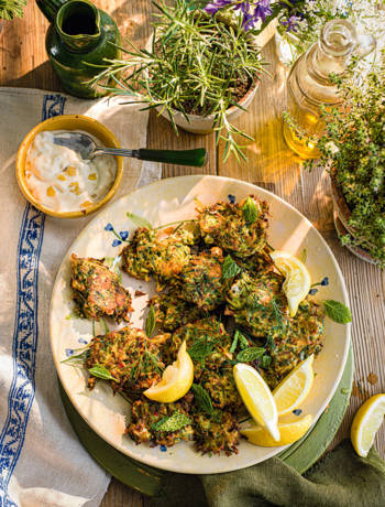 Courgette and feta fritters, preserved lemon, dill and mint 