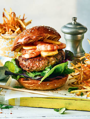 Pork and prawn burger with sriracha butter