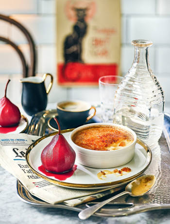 Gingerbread crème brûlée and mulled wine pears