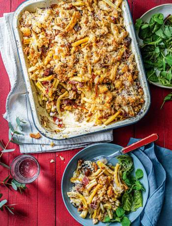 Sausage, salami and chestnut pasta bake