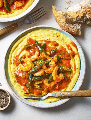Spicy prawns with roasted corn polenta