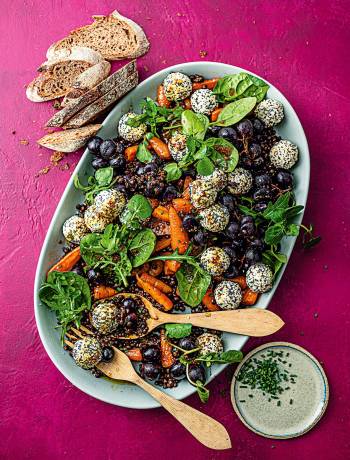 Roasted grape and lentil salad with seeded goat's cheese